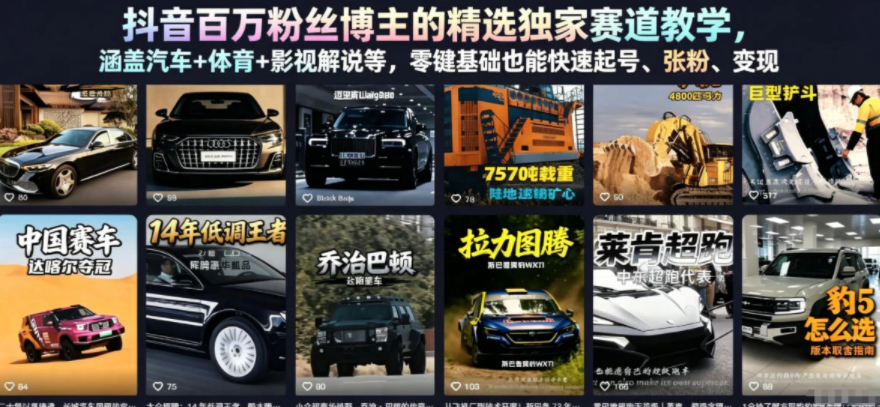 图片[1]-抖音百万粉丝博主的精选独家赛道教学，涵盖汽车+体育+影视解说等，零基础也能快速起号、涨粉、变现-阿志说钱