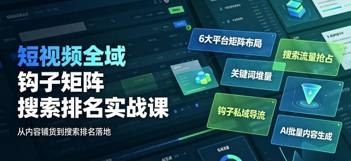短视频全域钩子矩阵搜索排名实战课|6大平台矩阵布局、关键词堆量抢占搜索流量、钩子私域导流、AI批量内容生成-阿志说钱